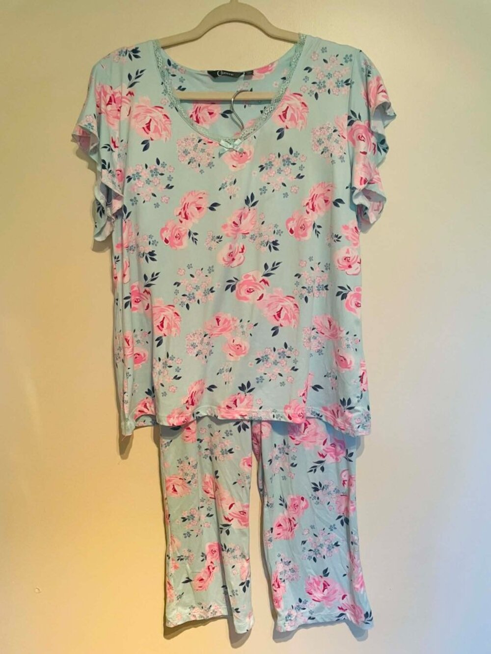 Charmour Floral 2-Piece Pajama Set Pink Roses Aqua SIZE WOMEN MEDIUM